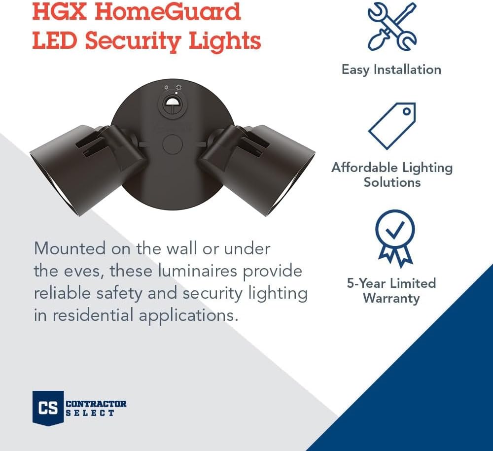 HomeGuard 2-Light LED Outdoor Flood Lights, Dusk to Dawn | Dark Bronze Outdoor LED Lights, Adjustable Lumens, 4000K