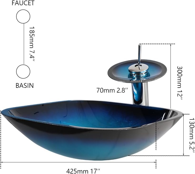 17" Blue Bathroom Vessel Sink,Square Tempered Glass Washing Sink Bowl with Waterfall Faucet And Drain