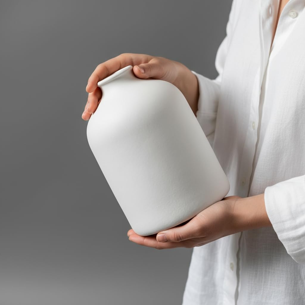 White Ceramic Vase - 7 Inch Tall - Large, Minimalist Modern Home Decor, Decorative Object - Centerpiece