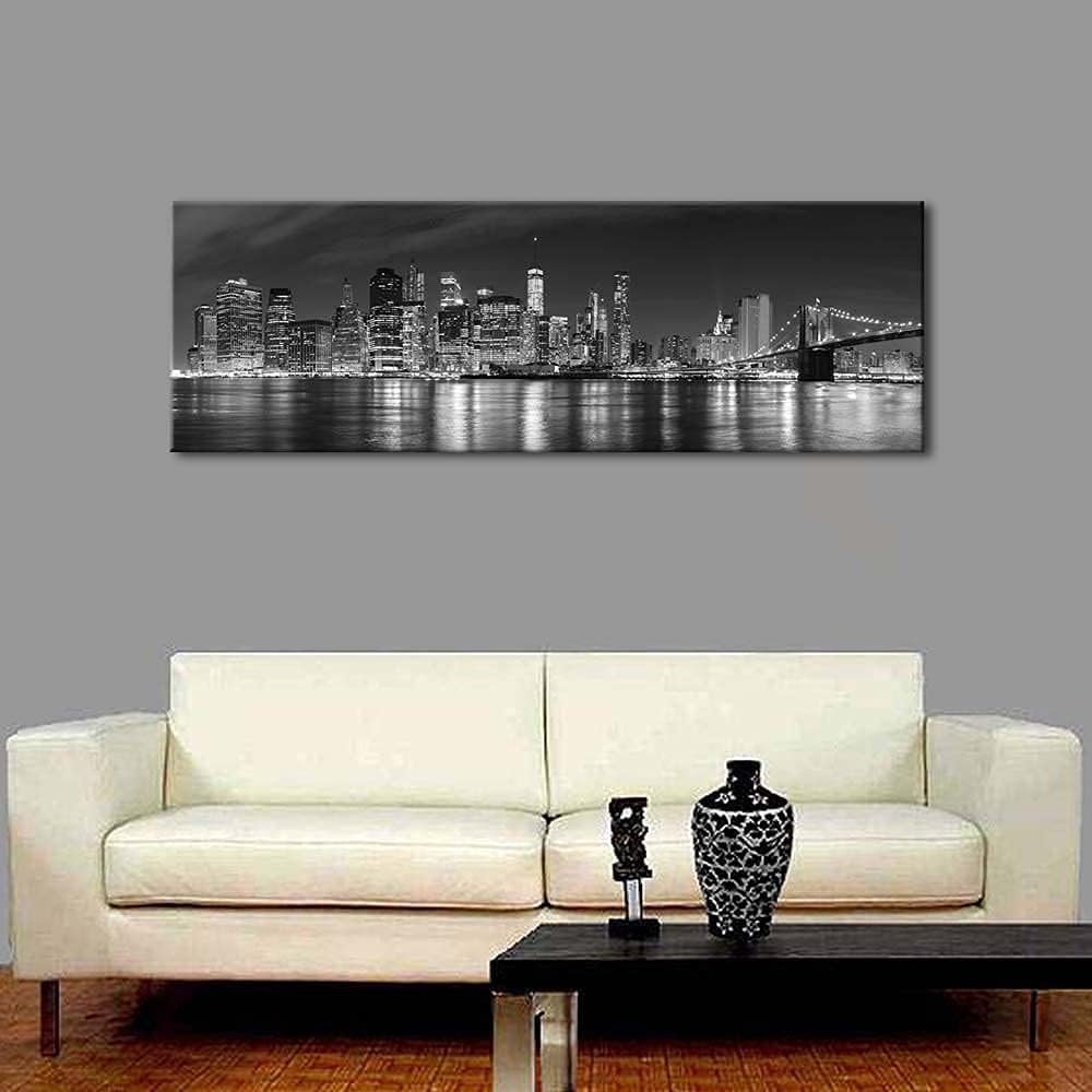 New York Manhattan Night View in Black and White Giclee Canvas Prints Modern Stretched and Framed Art work Cityscape
