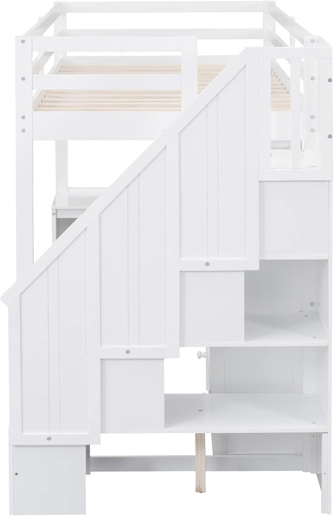 Twin Loft Bed with L Shaped Desk, Storage Drawers and Bookcase