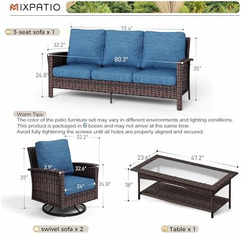 4-Piece Wicker Outdoor Patio Furniture Set - Swivel | Navy Blue All-Weather Resistant with Thick Cushions for Patio, Garden & Porch