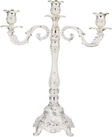3 Arm Candle Holder Centerpiece, 17 Inch White Tall Vintage Metal CandelabraDecor, Antique Silver Taper Candle Stand