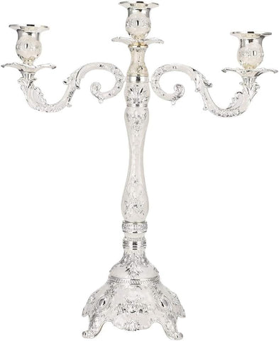 3 Arm Candle Holder Centerpiece, 17 Inch White Tall Vintage Metal CandelabraDecor, Antique Silver Taper Candle Stand