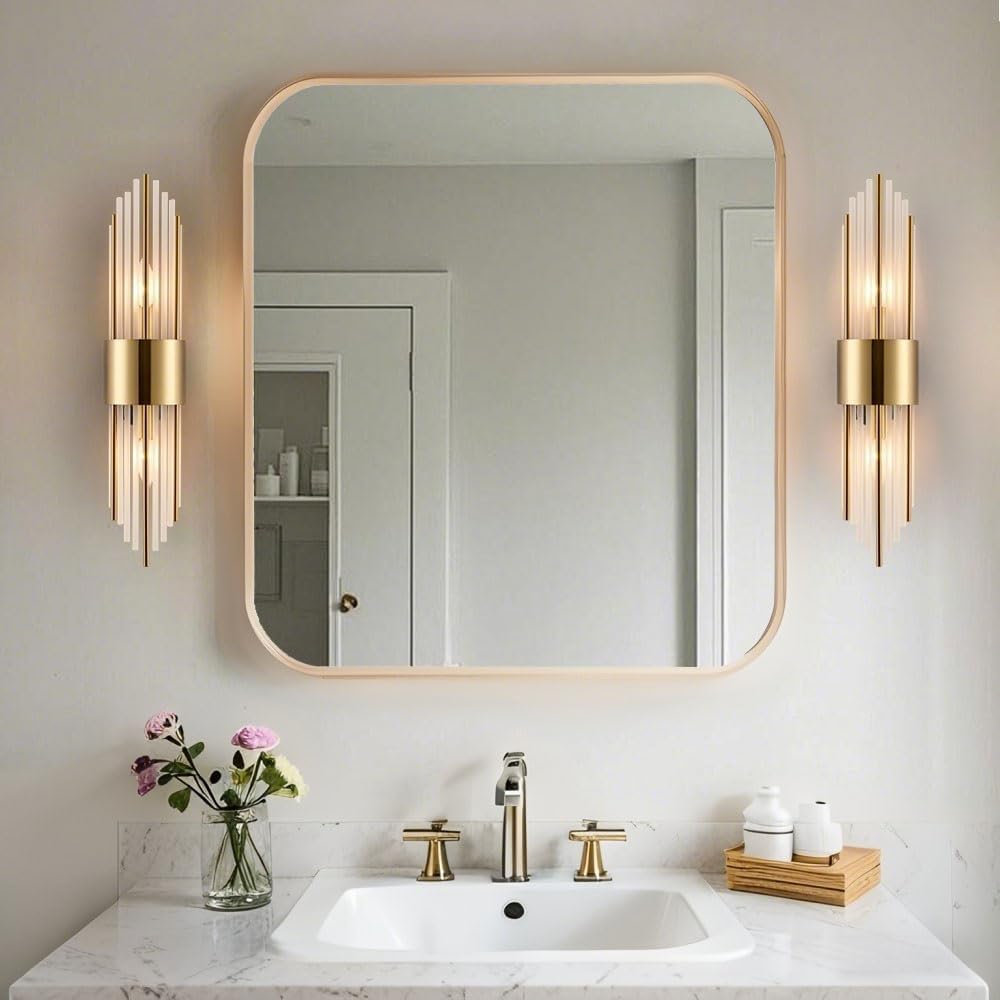 2-Light Modern Crystal Wall Sconces Titanium Gold Vanity Wall Light with Frosted Glass Luxury Set of 2 Wall Light