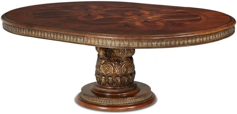 Traditional Round Wood Dining Table, Classic Chestnut Finish, 30.50" H x 84" W x 60" D, Intricate Pedestal Base