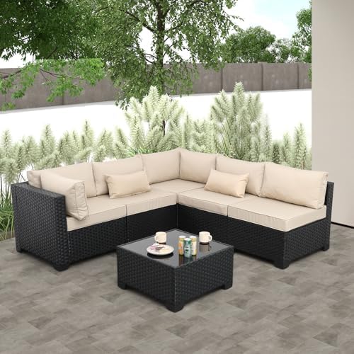 6-Piece Wicker Outdoor Patio Furniture Set | Khaki All-Weather Resistant for Patio, Garden & Porch