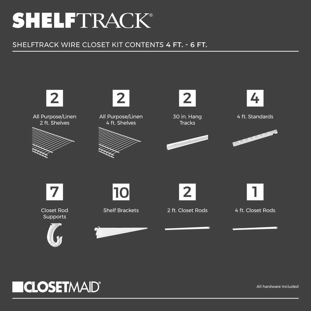 ShelfTrack Wire Closet Organizer System, Adjustable from 4 to 6 Ft., With Shelves, Clothes Rods, Hardware, Durable