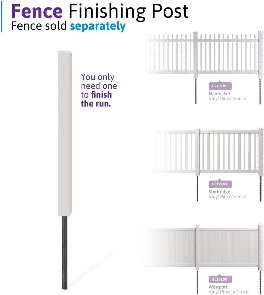 4ft White Vinyl Finishing Post BL19042 | No Dig, Steel Pipe Anchor Kit, Permanent, For Nantucket, Sturbridge, Westport Fence &