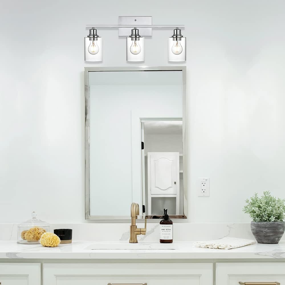 3 Light Wall Light Fixture with Clear Glass Shade Classic Bathroom Vanity Lighting Fixture in Chrome Finish Metal