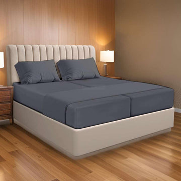 Split Queen Sheets Set, 5 Piece, 100% Egyptian Cotton, 400 TC, Deep Pocket, Adjustable Bed, Stone Grey Solid