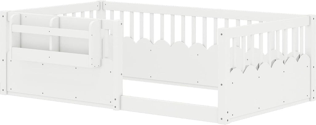 Twin Size Kids Montessori Floor Bed,Solid Wood Floor Bed Frame with Bookshelf and High Fence for Kids,Girls,Boys,White