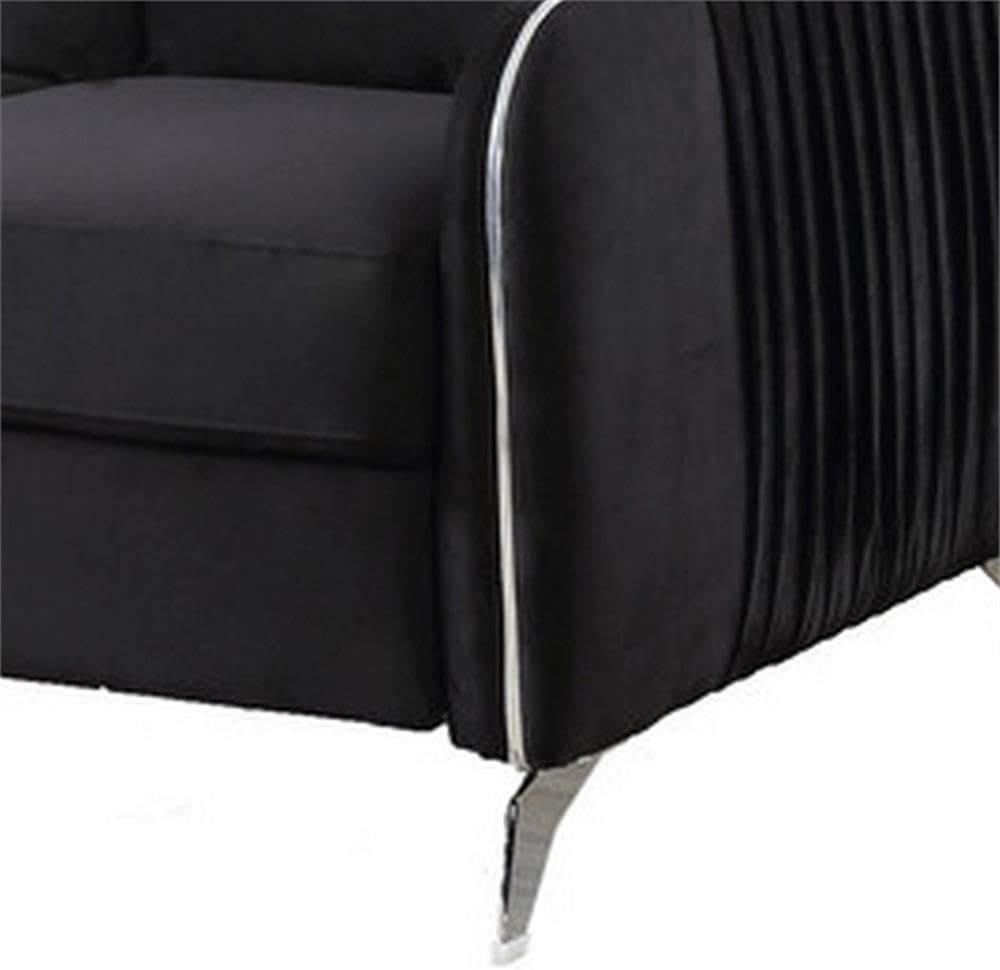 54" Loveseat, Jet Black Velvet Upholstery, Vertical Quilted Back, Angled Metal Legs, Sloped Armrests with Chrome