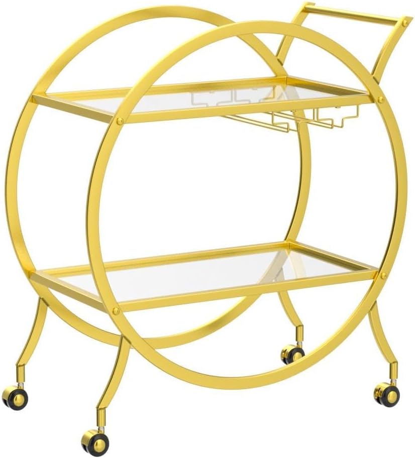 Round Gold Bar Cart 2 Mirrored Shelves Bar Serving Cart with Wheels and Glass Holder, Mobile Wine Cart for The