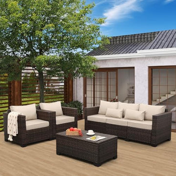 4-Piece Wicker Outdoor Patio Furniture Set | Khaki for Patio, Garden & Porch