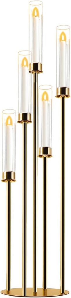 Candelabra Gold Centerpiece 5 Arms Taper Candle Holder Gold Centerpiece with Acrylic Tubes for Table Decoration