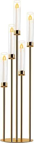 Candelabra Gold Centerpiece 5 Arms Taper Candle Holder Gold Centerpiece with Acrylic Tubes for Table Decoration