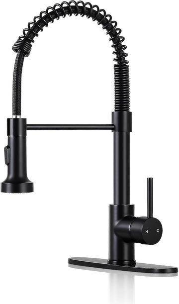 Kitchen Faucets with Pull Down Sprayer Single Handle 1 or 3 Holes Spring Kitchen Sink Faucet with Deck Plate for Farmhouse RV Vessel Basin (Matte Black)