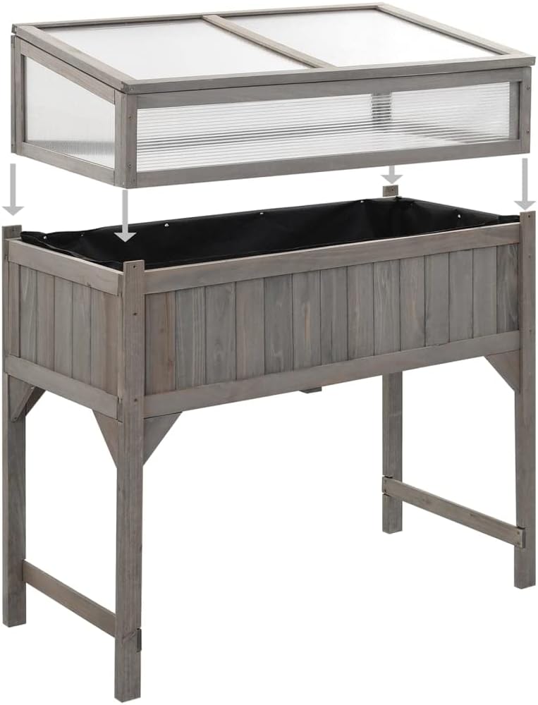 Solid Wood Raised Garden Bed with Greenhouse Gray 43.3in | Elevated wooden planter box with clear cold frame top