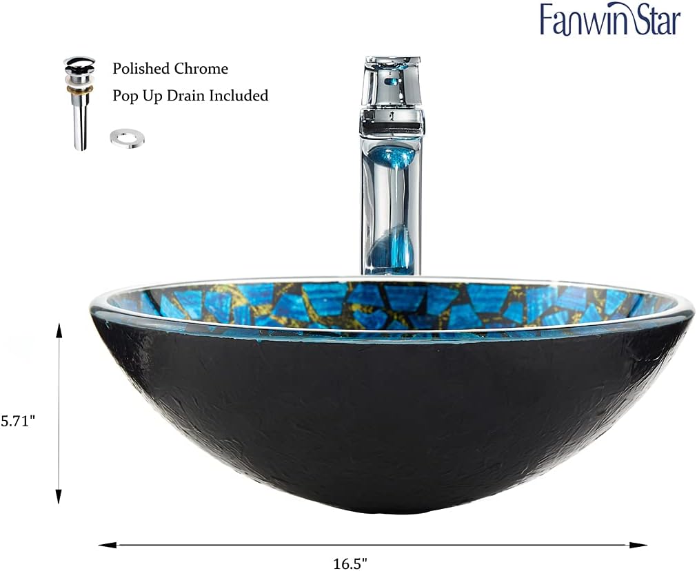 Hyacin Series Round Tempered Mosaic Deco Glass Vessel Bathroom Sink in Starry Blue | Top Mount Sinks Above Countertop