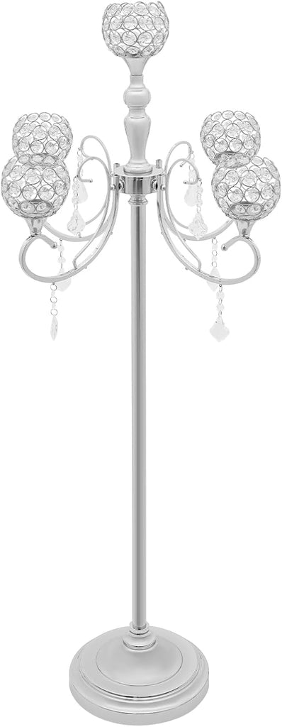 5 Arm Crystal Candelabra Centerpiece,49.2in Tall Floor Candelabra with Crystal Candle Holder Bowl,Silver Centerpiece