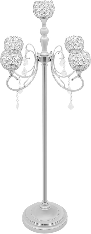 5 Arms Silver Floor Candelabra Centerpiece 49 inches Tall Crystal Beaded Candle Holders Wedding Centerpieces for