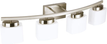 4-Light Brushed Nickel Vanity Light Fixture with White Glass Shade Over Mirror, 31.5 Inches