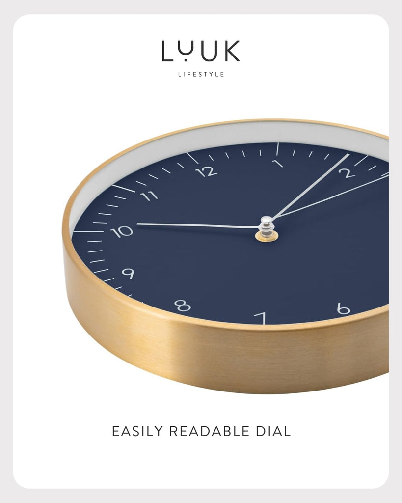 Modern Silent Quartz Wall Clock, 10in, Dark Blue & Gold
