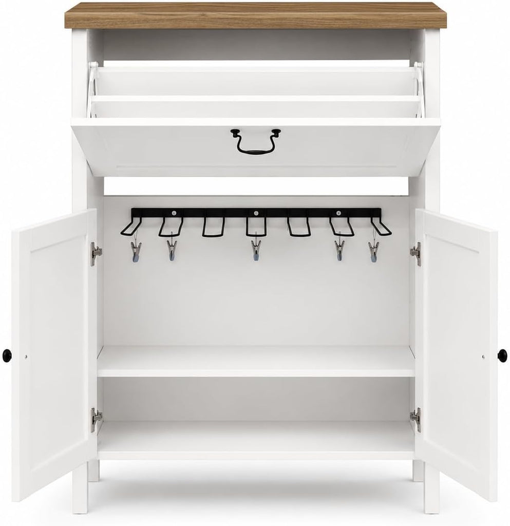 Shoe Cabinet with Flip Drawer, Shoe Storage Cabinet with Boot Rack and 6 Boot Clips, Narrow Entryway Shoe Cabinet