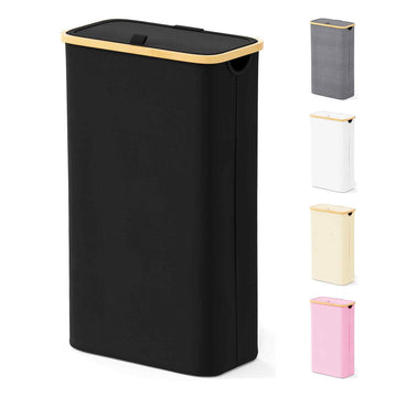 Slim Laundry Hamper with Lid, 65L Narrow Clothes Basket Bin with Bamboo Handles, Skinny Tall Collapsible Hamper