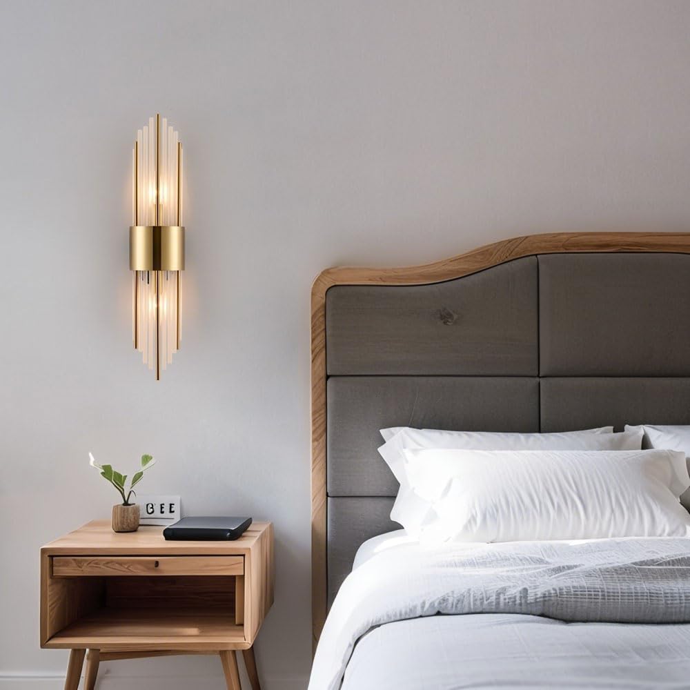 2-Light Modern Crystal Wall Sconces Titanium Gold Vanity Wall Light with Frosted Glass Luxury Set of 2 Wall Light