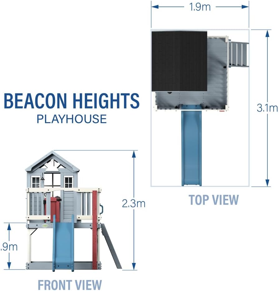 Beacon Heights Elevated Cedar Wooden Kids Playhouse with Wave Slide, Play Kitchen, Wrap-Around Deck, Flat-Step