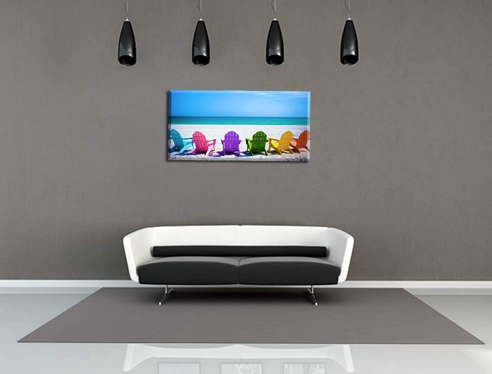 Beach Canvas Wall Art , PIY Blue Sea with Colorful Chairs Picture Prints Decor, Relax Leisure Time Home Decorations