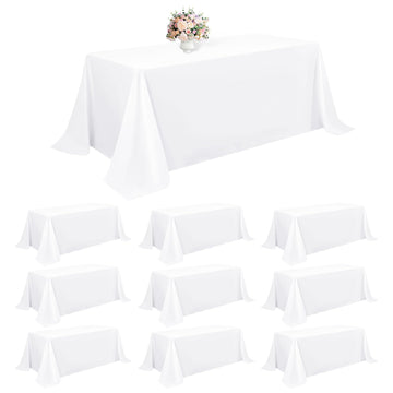 10 Packs White Polyester Tablecloth 90 x 132 inch Rectangle Table Cloth for 8 Foot Tables Wrinkle Resistant Washable