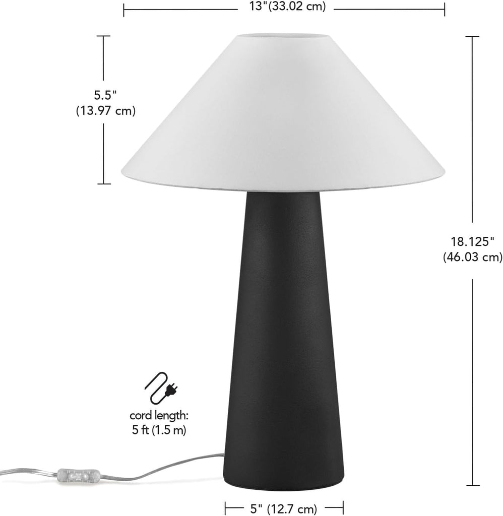 Novogratz x 18" Ceramic Table Lamp, Matte Black, Off-White Tapered Fabric Shade, in-Line Rocker Switch
