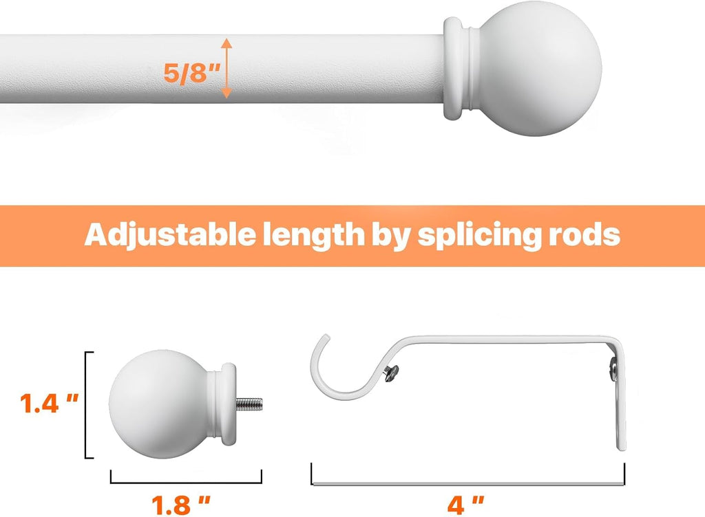 White Curtain Rods for Windows, 2 Pack 5/8" Curtain Rod Set with Brackets, Splicing Adjustable Curtain Rod