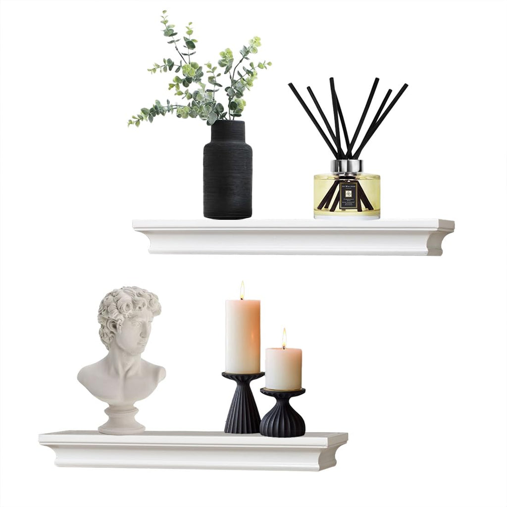Modern White Floating Shelves, Sleek Wall Mounted Storage Solution, and Kitchen Decor, Set of 2