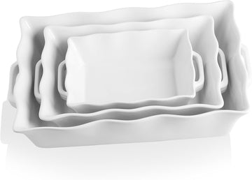 Casserole Dishes for Oven, Ceramic Bakeware Set of 3, Rectangular dish with Handles, Wave Edge Lasagna Pan Deep for