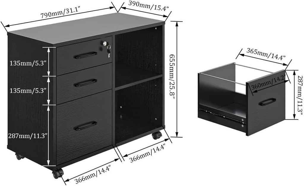3 Drawer Office File Cabinets, Mobile Lateral Printer Stand with Open Storage Shelf, Rolling Filing Cabinet with