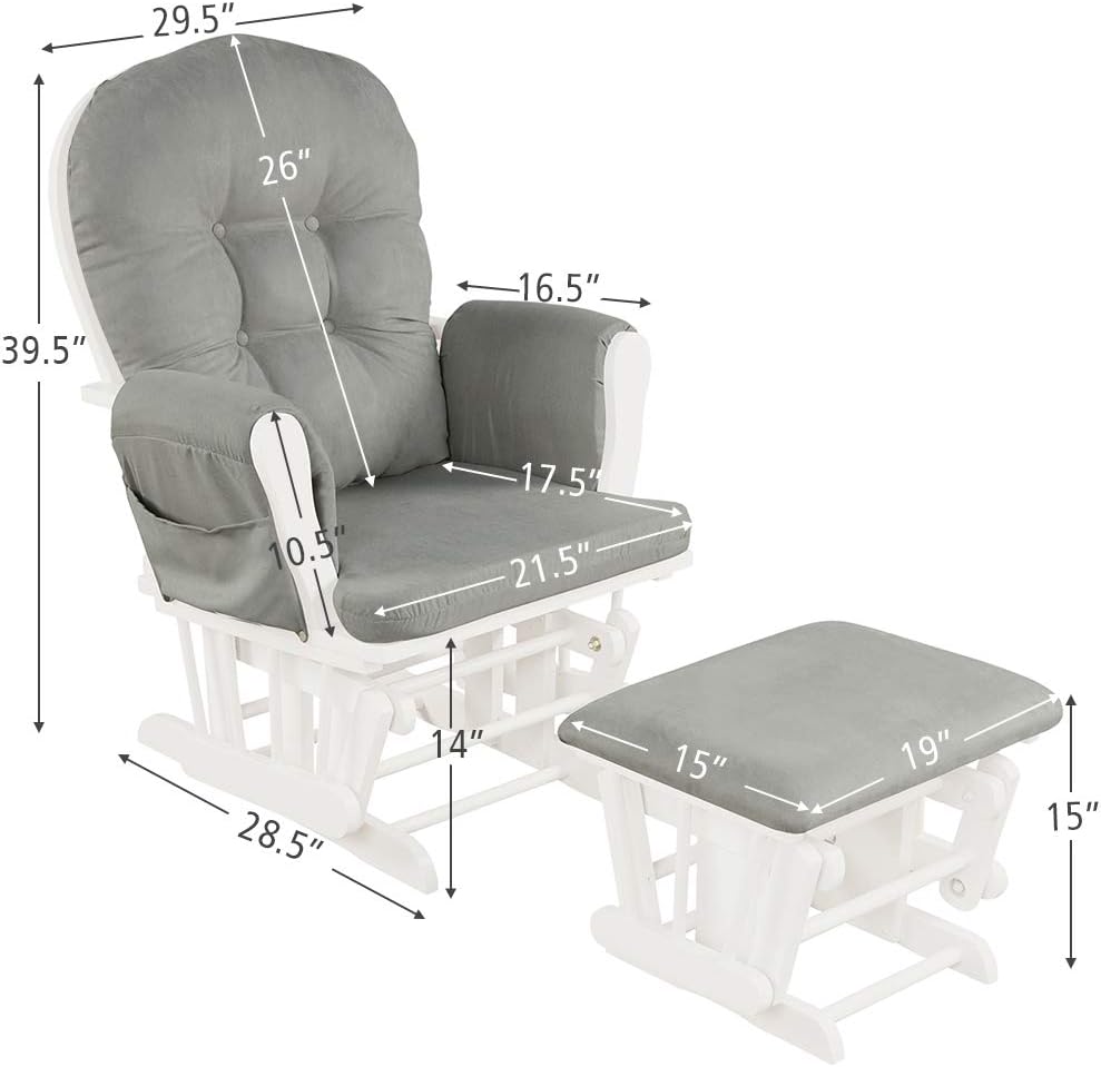 Nursery Glider with Ottoman, Upholstered Comfort Glider Rocker with Padded Cushion, Storage Pocket, Solid Wood Base