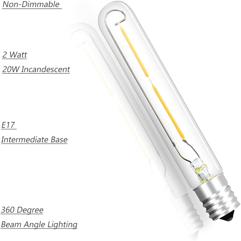 LED T6.5 Tubular Filament Bulb, 2W T6.5 LED Appliance Light Bulb E17 Intermediate Base, 20W Incandescent Equivalent (4-Pack)