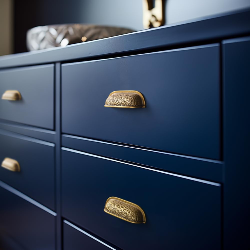 6 Pack 3 Inch Antique Brass Cabinet Cup Pulls - Hammered Texture with Curved Edges, Elegant Drawer Bin Handle &