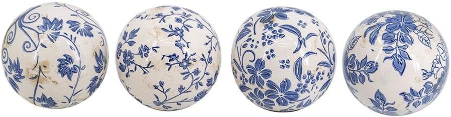 Set of 4 Ceramic Decorative Spheres - Handcrafted Blue and White Floral Orbs Decor, Tabletop Accent, Shelf Display