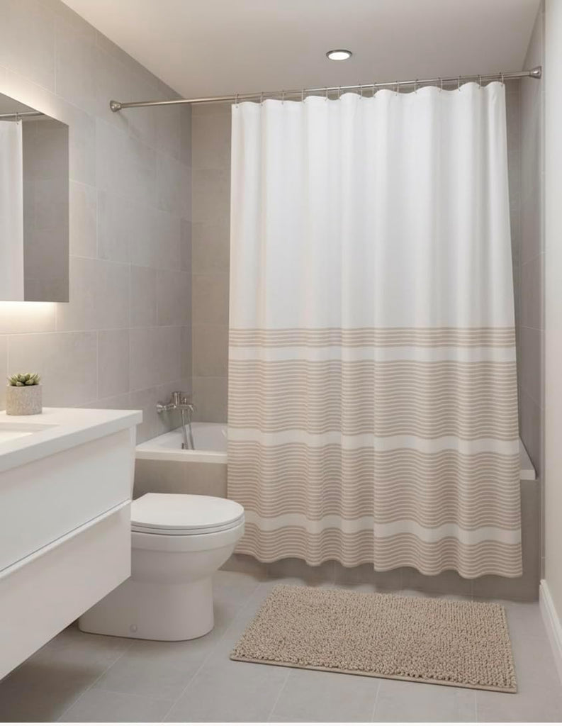 Nautical Striped Beige & White Cotton Bathroom Shower Curtain, 70x72 | Luxury Hotel Style Fabric with Detailed