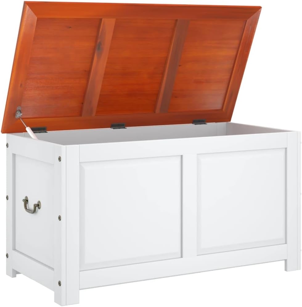 Large Storage Chest with Gas Lift Lid, Retro Solid Acacia Wood Trunk, Decorative Organizing Box , and Hallway, Brown