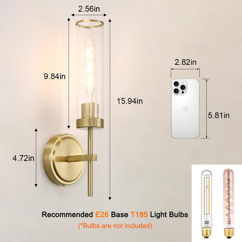 Gold Bathroom Wall Sconces Set of 2, Modern Wall Sconces Set of Two Hardwired, Bathroom Vanity Light Fixtures with Clear Glass, Gold Wall Mounted Lights for Living Room Corridor Mirror Bedroom Stairs