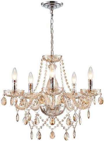 5 Light Modern K9 Crystal Chandelier for Dining Room, Pendant Ceiling Lighting Fixture for Bedroom, Living Room, Champagne Crystal