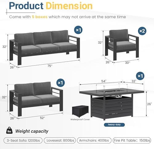 Aluminum Outdoor Patio Furniture Set - Fire Pit | Grey with Thick Cushions for Backyard, Garden & Porch