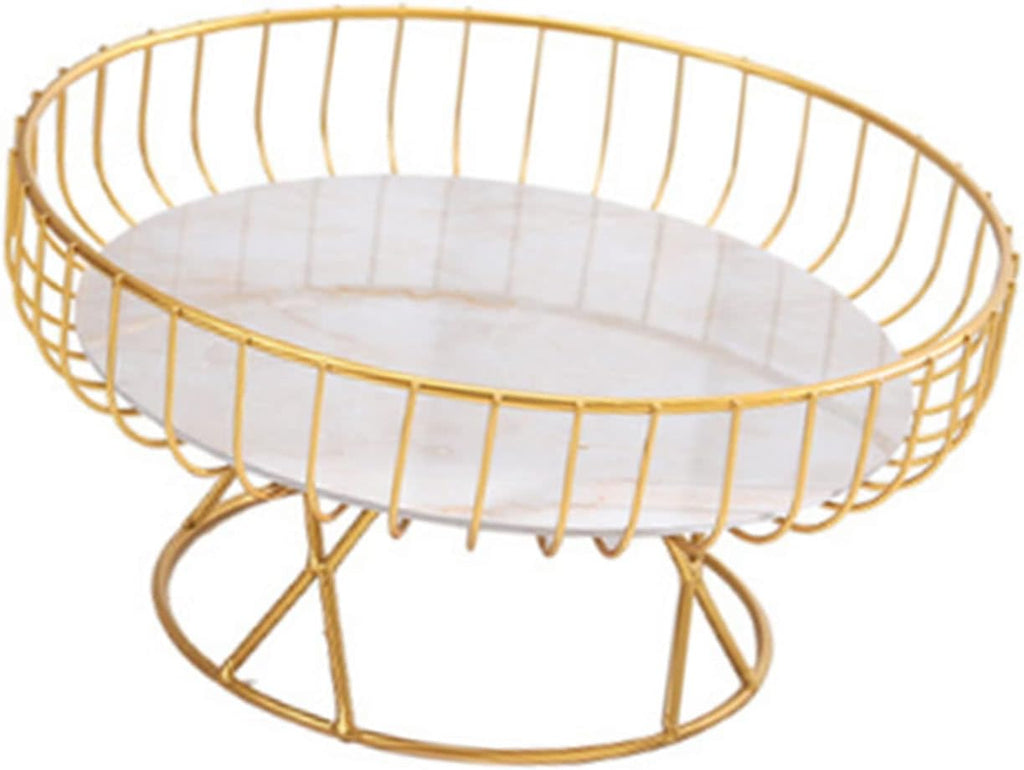 Metal Wire Fruit Basket, 9 inch Pedestal Fruit Bowl with Marble Tray, Decorative Iron Wire Bread Snacks Holder