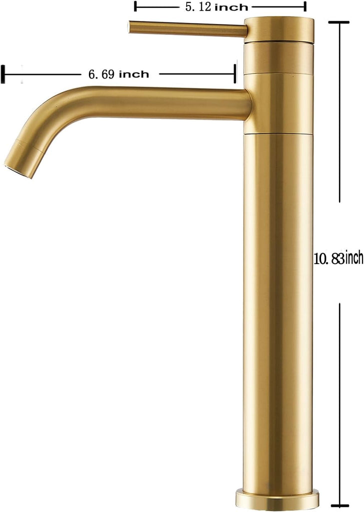Gold Vessel Sink Faucet, 360 Swivel Brushed Gold Vessel Faucet, Single Handle Tall Body Farmhouse Vessel Faucet